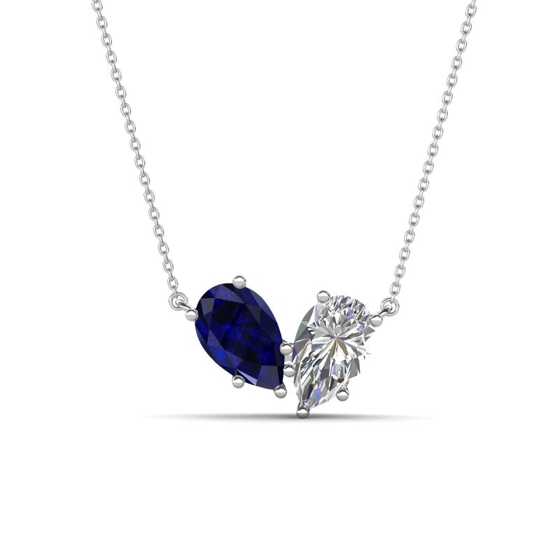 Zemi 1.75 ctw Pear Shape Lab Grown Blue Sapphire and Moissanite (7x5 mm) Toi Et Moi Pendant Necklace 