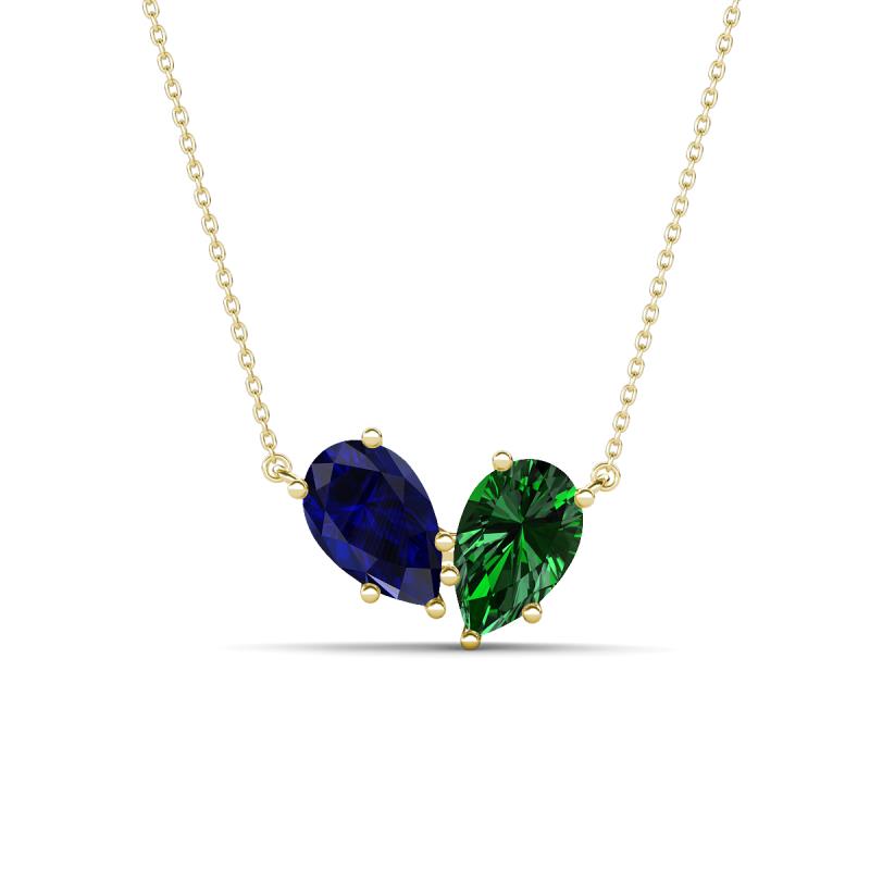 Zemi 1.70 ctw Pear Shape Lab Grown Blue Sapphire and Lab Grown Emerald (7x5 mm) Toi Et Moi Pendant Necklace 
