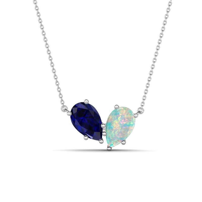 Zemi 1.25 ctw Pear Shape Lab Grown Blue Sapphire and Opal (7x5 mm) Toi Et Moi Pendant Necklace 