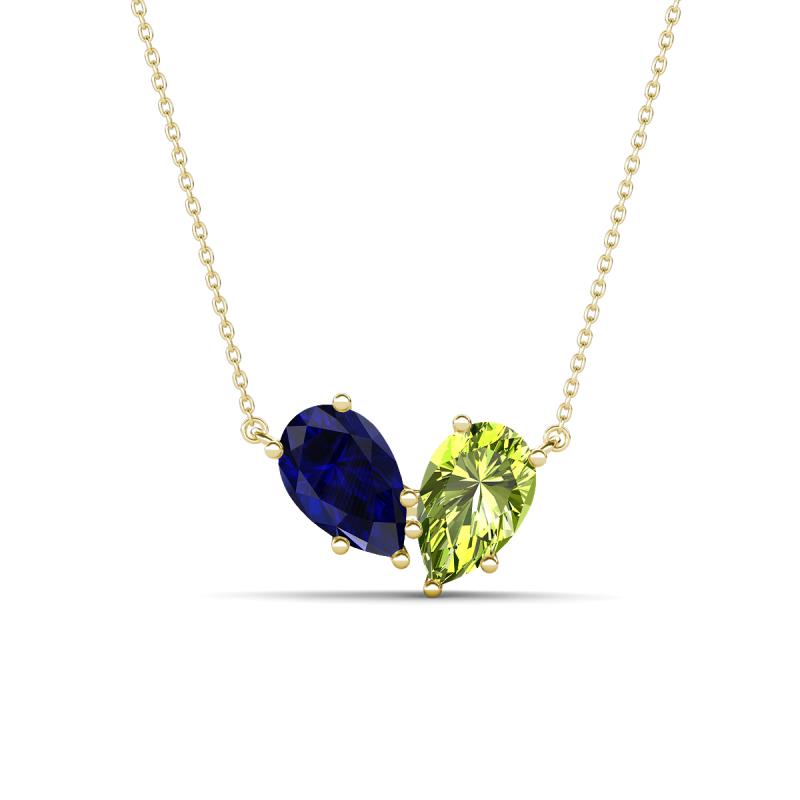 Zemi 1.70 ctw Pear Shape Lab Grown Blue Sapphire and Peridot (7x5 mm) Toi Et Moi Pendant Necklace 