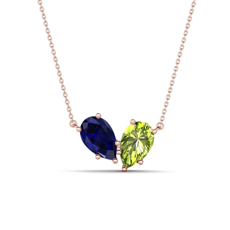 Zemi 1.70 ctw Pear Shape Lab Grown Blue Sapphire and Peridot (7x5 mm) Toi Et Moi Pendant Necklace 