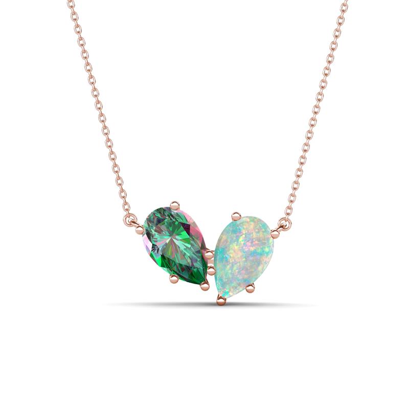 Zemi 1.21 ctw Pear Shape Created Alexandrite and Opal (7x5 mm) Toi Et Moi Pendant Necklace 