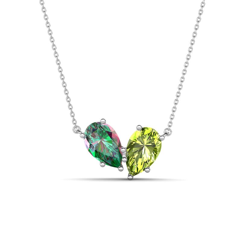 Zemi 1.66 ctw Pear Shape Created Alexandrite and Peridot (7x5 mm) Toi Et Moi Pendant Necklace 