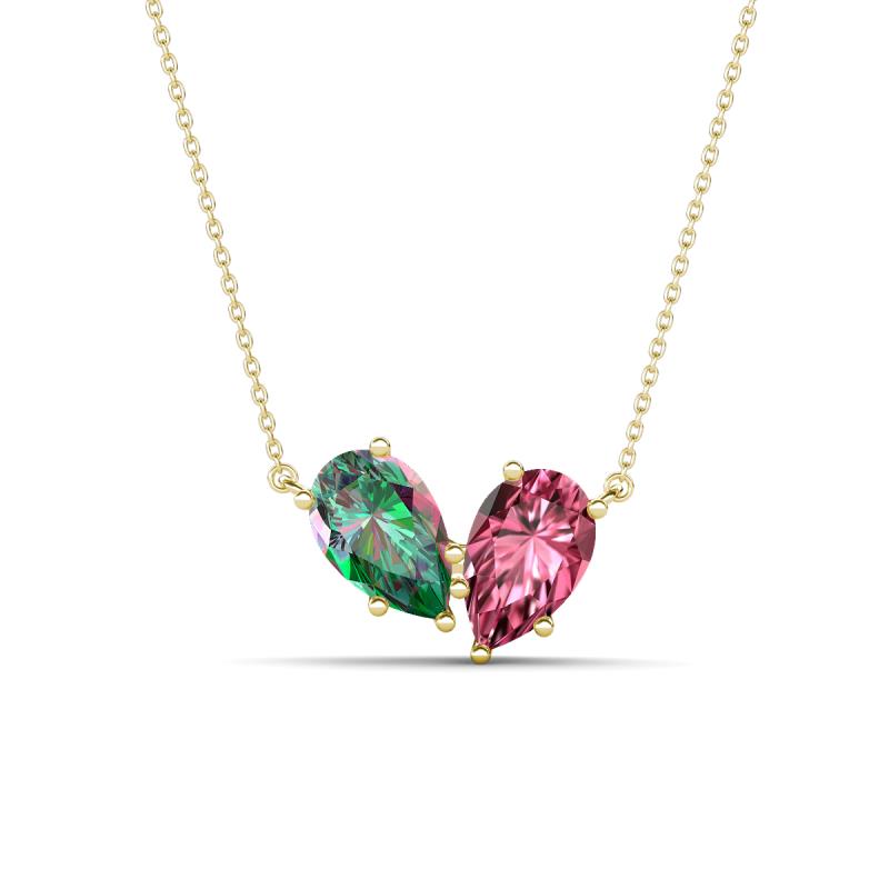 Zemi 1.56 ctw Pear Shape Created Alexandrite and Pink Tourmaline (7x5 mm) Toi Et Moi Pendant Necklace 