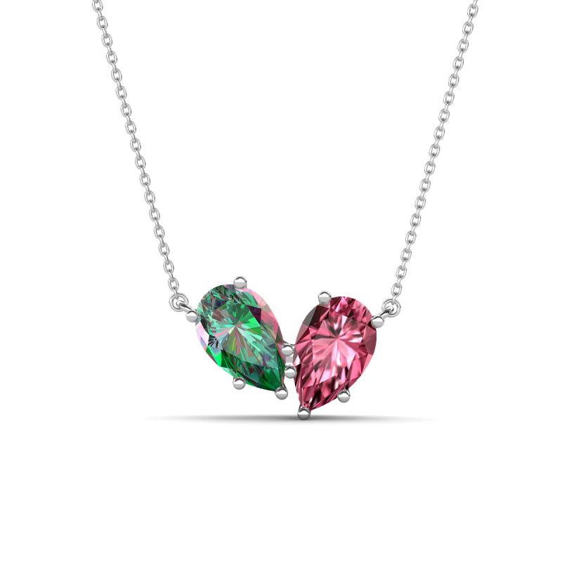 Zemi 1.56 ctw Pear Shape Created Alexandrite and Pink Tourmaline (7x5 mm) Toi Et Moi Pendant Necklace 