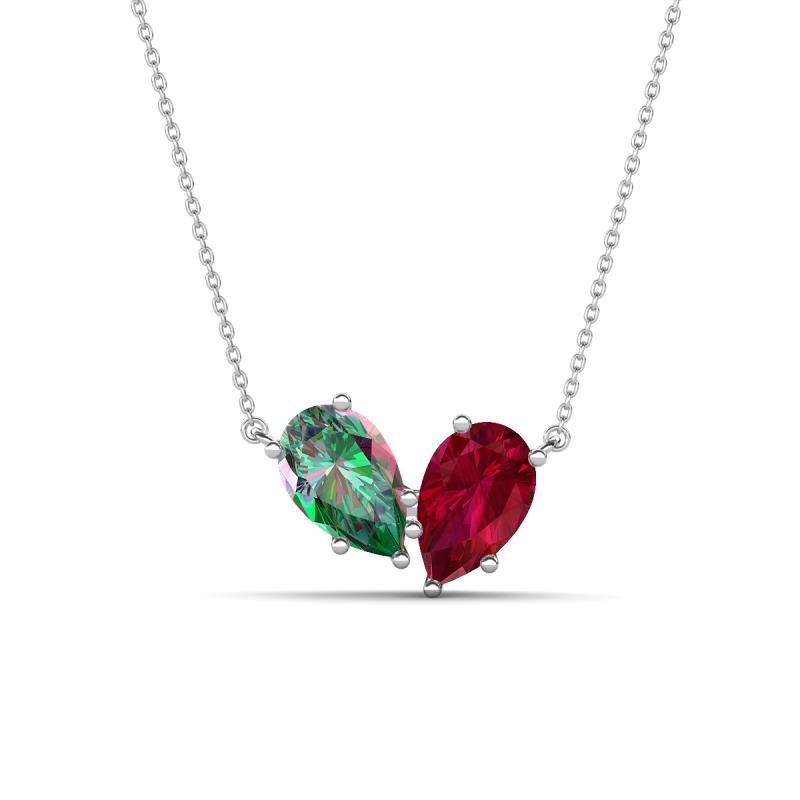 Zemi 1.81 ctw Pear Shape Created Alexandrite and Lab Grown Ruby (7x5 mm) Toi Et Moi Pendant Necklace 