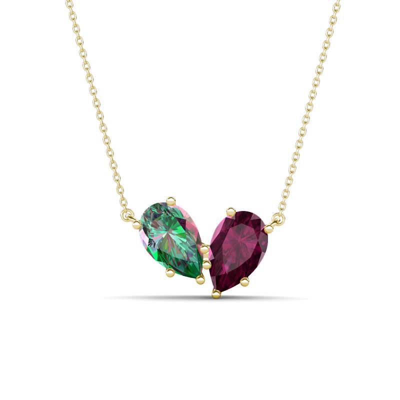 Zemi 1.76 ctw Pear Shape Created Alexandrite and Rhodolite Garnet (7x5 mm) Toi Et Moi Pendant Necklace 
