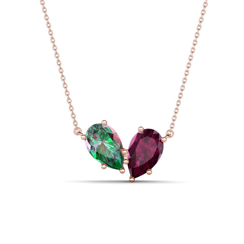 Zemi 1.76 ctw Pear Shape Created Alexandrite and Rhodolite Garnet (7x5 mm) Toi Et Moi Pendant Necklace 