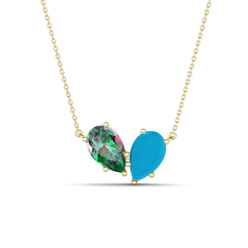 Zemi 1.21 ctw Pear Shape Created Alexandrite and Turquoise (7x5 mm) Toi Et Moi Pendant Necklace 
