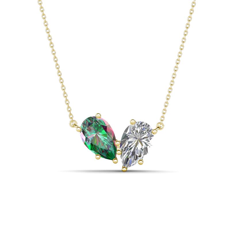 Zemi 1.66 ctw Pear Shape Created Alexandrite and Natural Diamond (7x5 mm) Toi Et Moi Pendant Necklace 