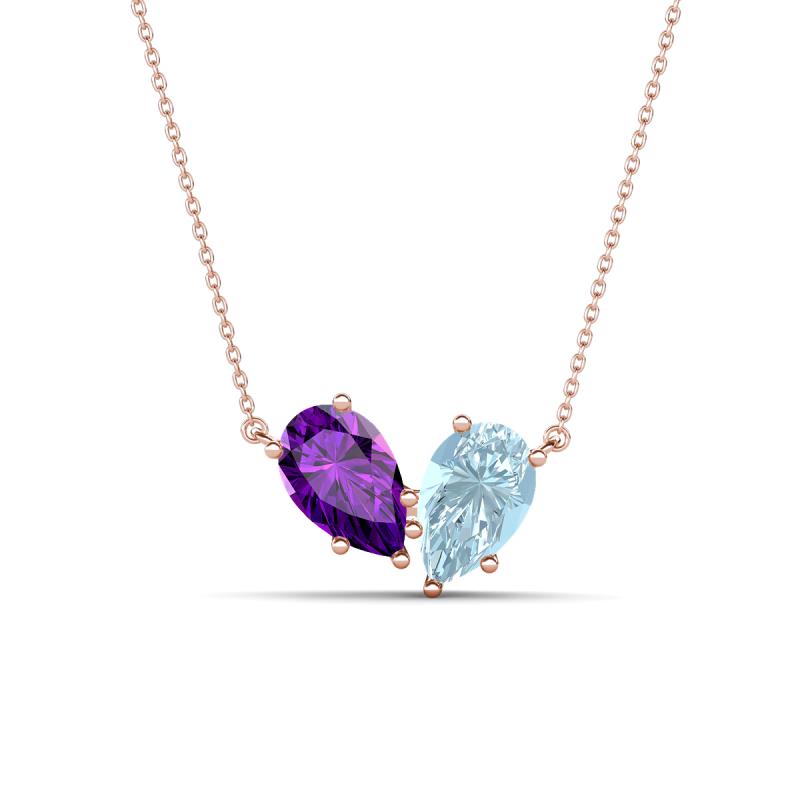 Zemi 1.25 ctw Pear Shape Amethyst and Aquamarine (7x5 mm) Toi Et Moi Pendant Necklace 
