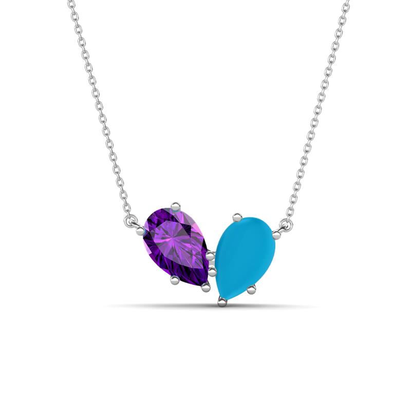 Zemi 1.00 ctw Pear Shape Amethyst and Turquoise (7x5 mm) Toi Et Moi Pendant Necklace 