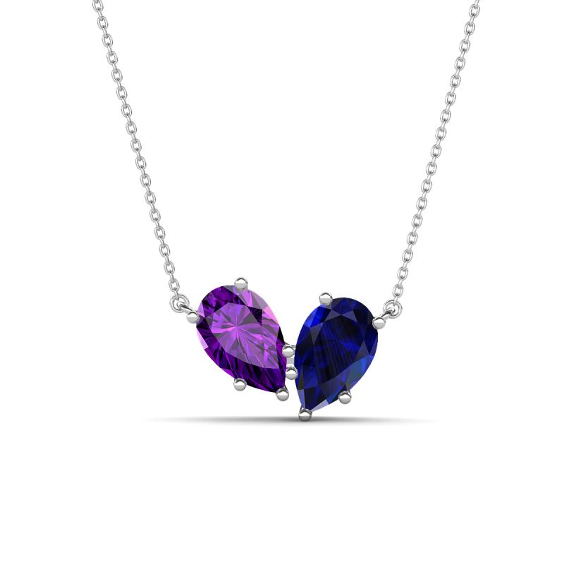 Zemi 1.55 ctw Pear Shape Amethyst and Lab Grown Blue Sapphire (7x5 mm) Toi Et Moi Pendant Necklace 