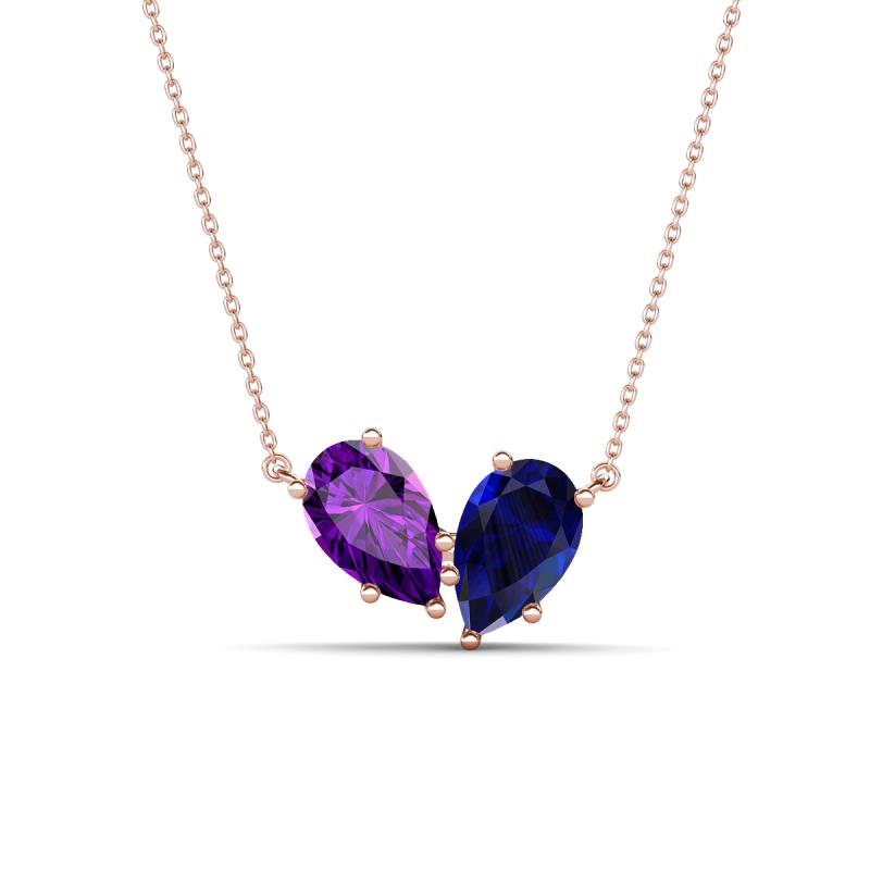 Zemi 1.55 ctw Pear Shape Amethyst and Lab Grown Blue Sapphire (7x5 mm) Toi Et Moi Pendant Necklace 