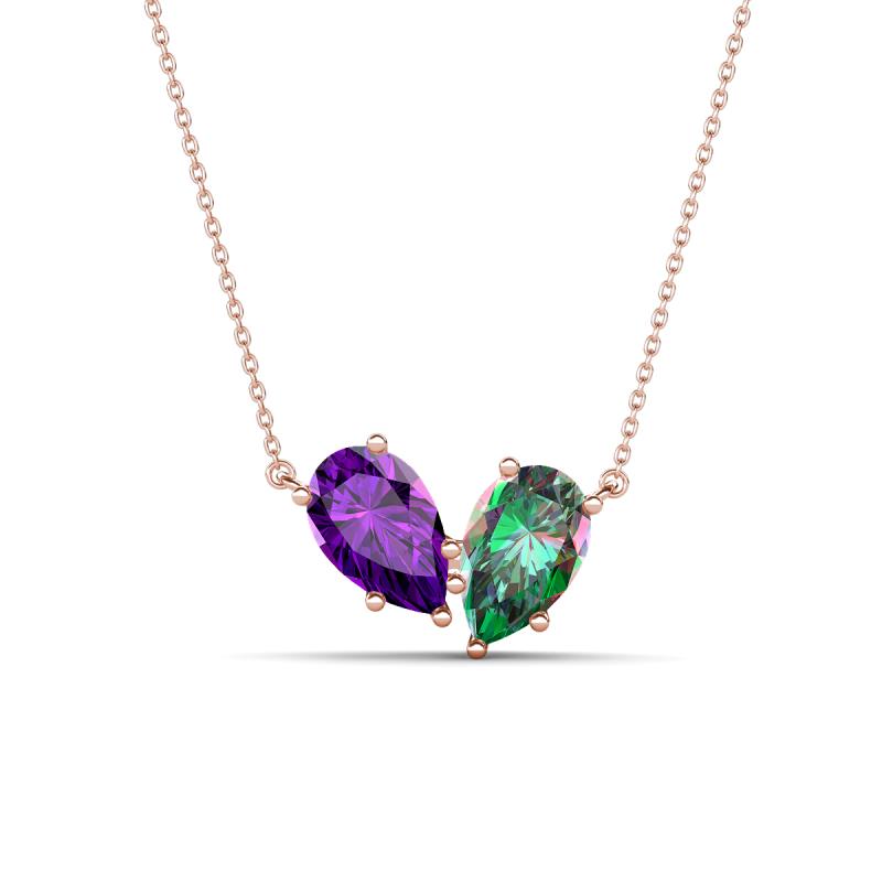 Zemi 1.51 ctw Pear Shape Amethyst and Created Alexandrite (7x5 mm) Toi Et Moi Pendant Necklace 