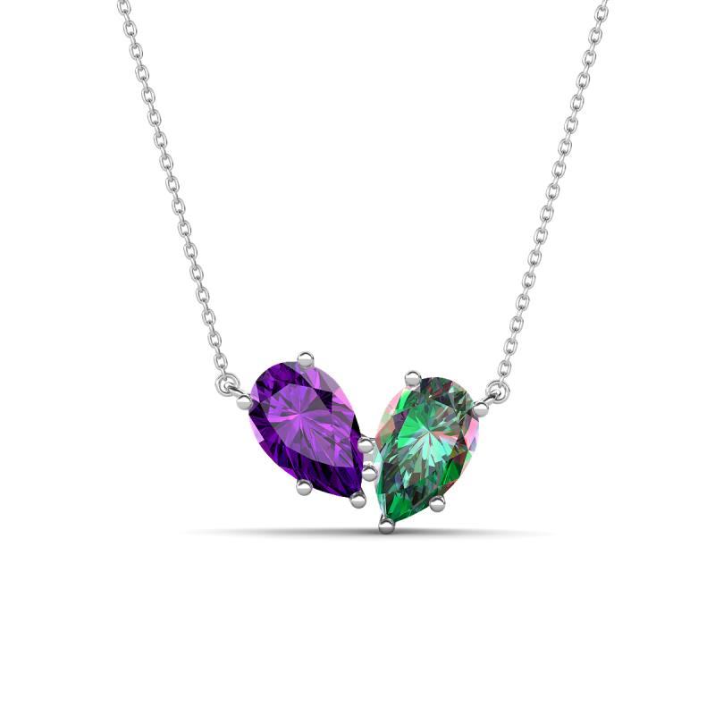 Zemi 1.51 ctw Pear Shape Amethyst and Created Alexandrite (7x5 mm) Toi Et Moi Pendant Necklace 