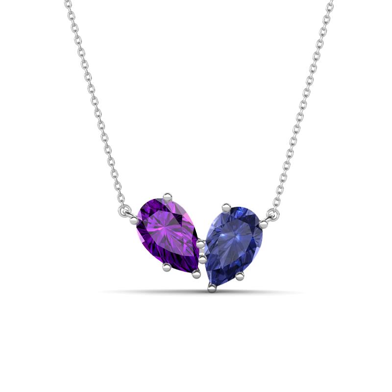 Zemi 1.25 ctw Pear Shape Amethyst and Iolite (7x5 mm) Toi Et Moi Pendant Necklace 