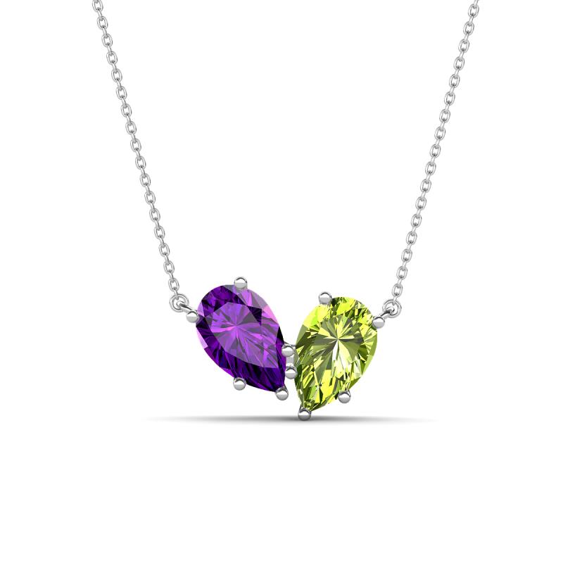 Zemi 1.45 ctw Pear Shape Amethyst and Peridot (7x5 mm) Toi Et Moi Pendant Necklace 