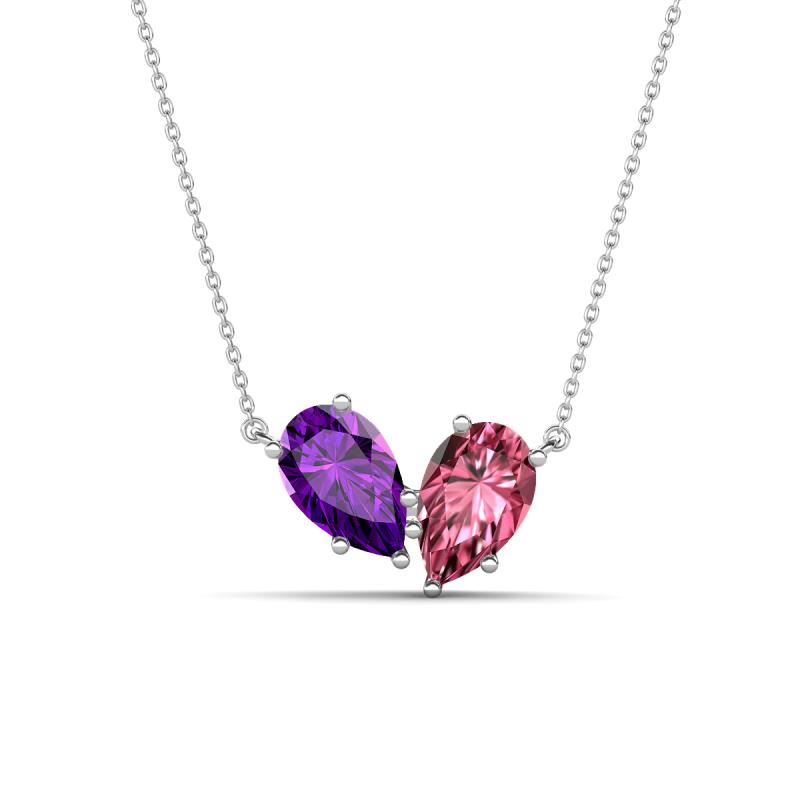 Zemi 1.35 ctw Pear Shape Amethyst and Pink Tourmaline (7x5 mm) Toi Et Moi Pendant Necklace 