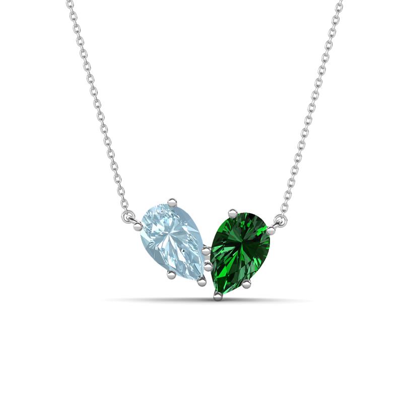 Zemi 1.40 ctw Pear Shape Aquamarine and Lab Grown Emerald (7x5 mm) Toi Et Moi Pendant Necklace 
