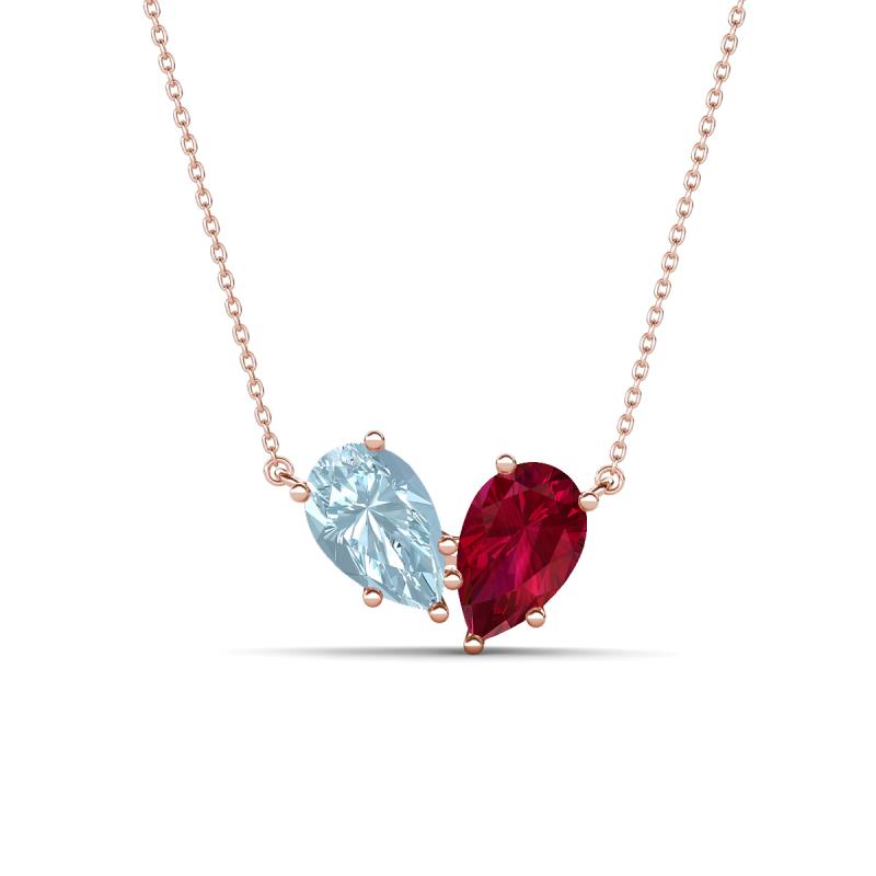 Zemi 1.55 ctw Pear Shape Aquamarine and Lab Grown Ruby (7x5 mm) Toi Et Moi Pendant Necklace 