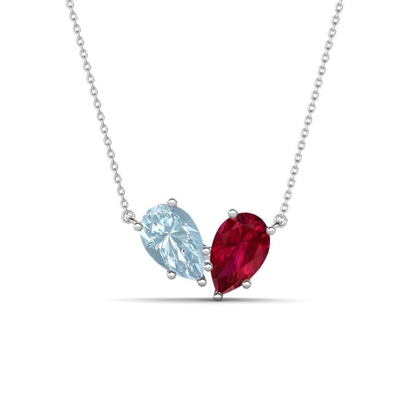 Zemi 1.55 ctw Pear Shape Aquamarine and Lab Grown Ruby (7x5 mm) Toi Et Moi Pendant Necklace 