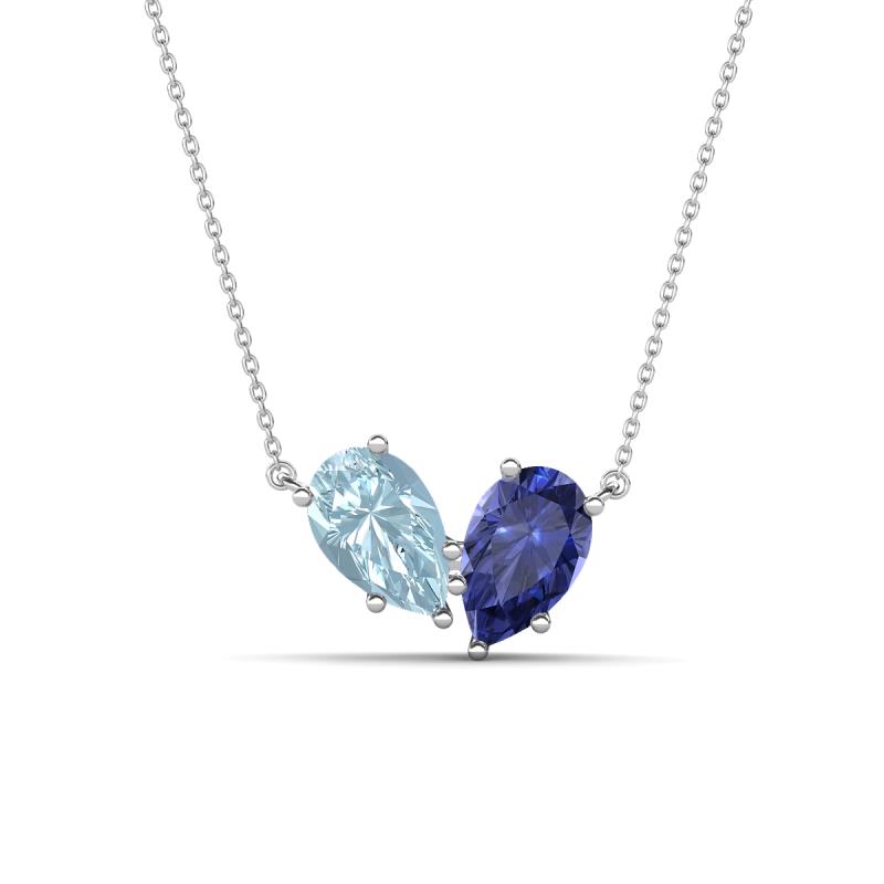 Zemi 1.20 ctw Pear Shape Aquamarine and Iolite (7x5 mm) Toi Et Moi Pendant Necklace 