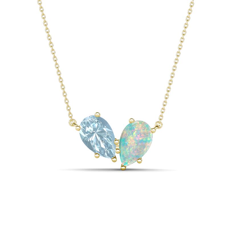 Zemi 0.95 ctw Pear Shape Aquamarine and Opal (7x5 mm) Toi Et Moi Pendant Necklace 
