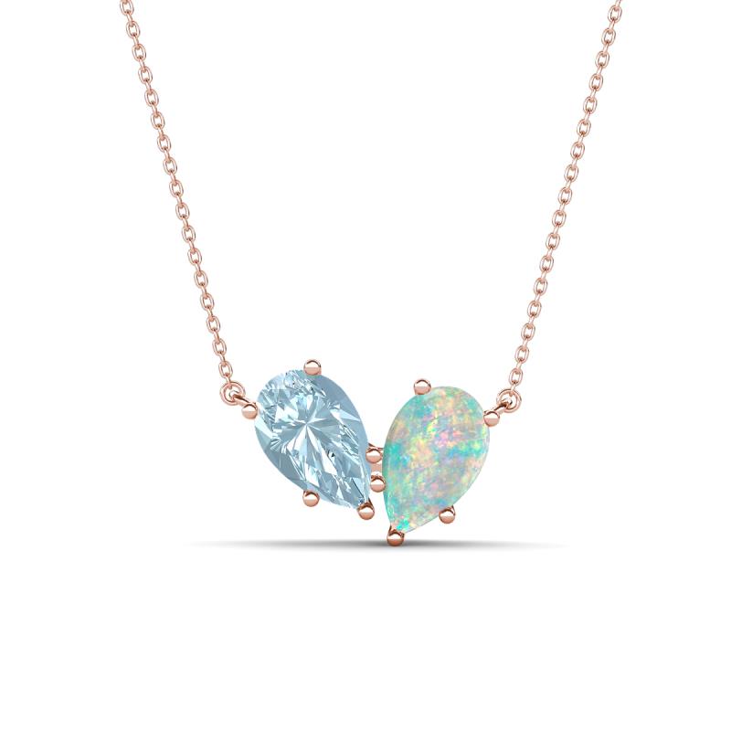 Zemi 0.95 ctw Pear Shape Aquamarine and Opal (7x5 mm) Toi Et Moi Pendant Necklace 