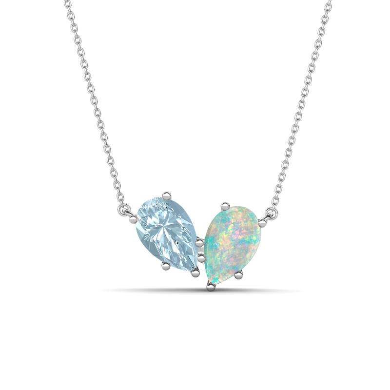 Zemi 0.95 ctw Pear Shape Aquamarine and Opal (7x5 mm) Toi Et Moi Pendant Necklace 