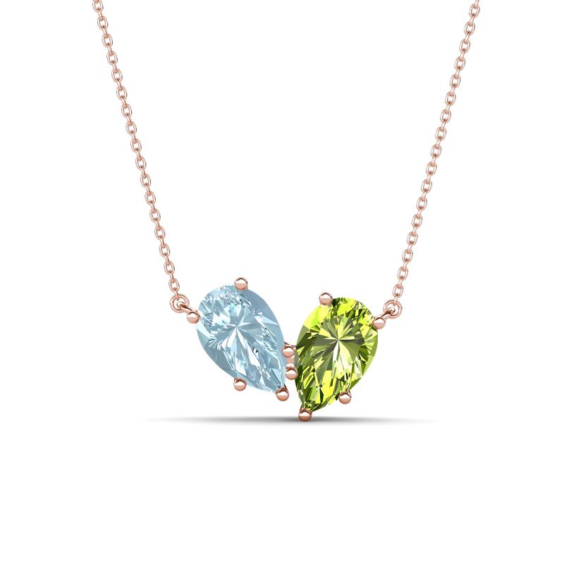 Zemi 1.40 ctw Pear Shape Aquamarine and Peridot (7x5 mm) Toi Et Moi Pendant Necklace 
