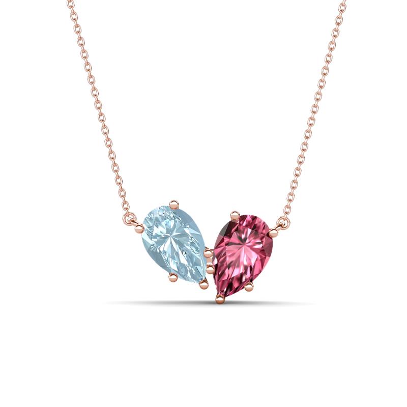 Zemi 1.30 ctw Pear Shape Aquamarine and Pink Tourmaline (7x5 mm) Toi Et Moi Pendant Necklace 
