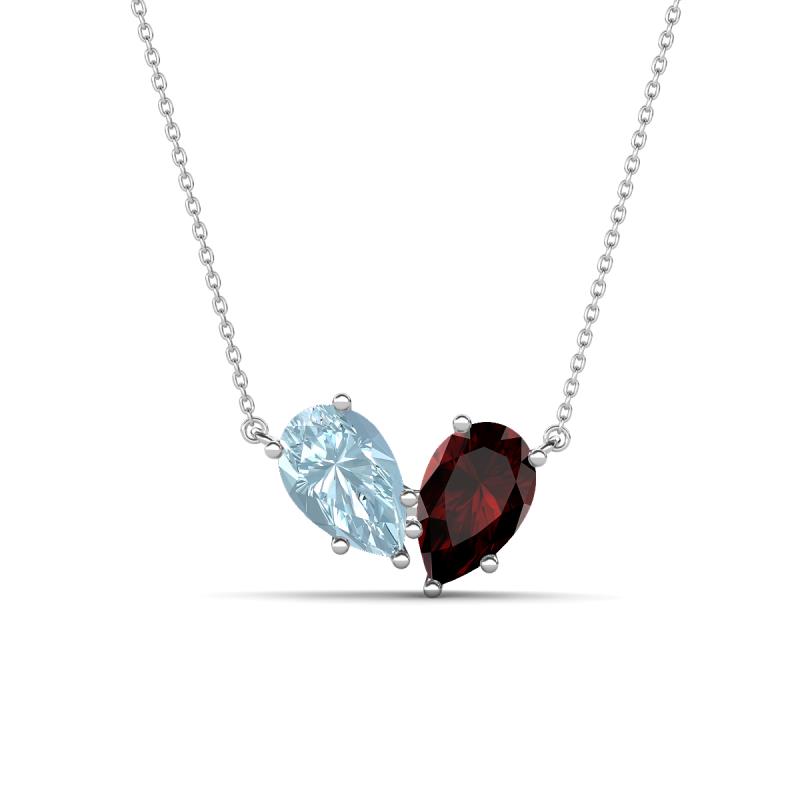 Zemi 1.50 ctw Pear Shape Aquamarine and Red Garnet (7x5 mm) Toi Et Moi Pendant Necklace 