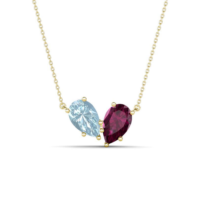 Zemi 1.50 ctw Pear Shape Aquamarine and Rhodolite Garnet (7x5 mm) Toi Et Moi Pendant Necklace 