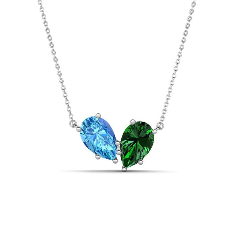 Zemi 1.65 ctw Pear Shape Blue Topaz and Lab Grown Emerald (7x5 mm) Toi Et Moi Pendant Necklace 