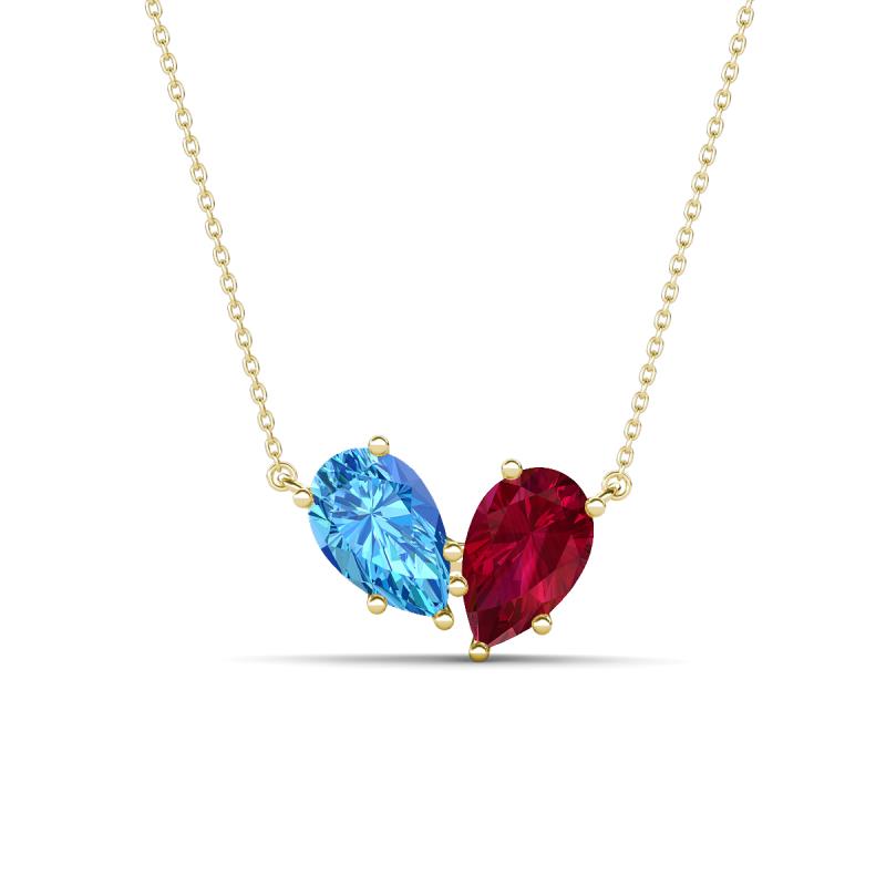 Zemi 1.80 ctw Pear Shape Blue Topaz and Lab Grown Ruby (7x5 mm) Toi Et Moi Pendant Necklace 