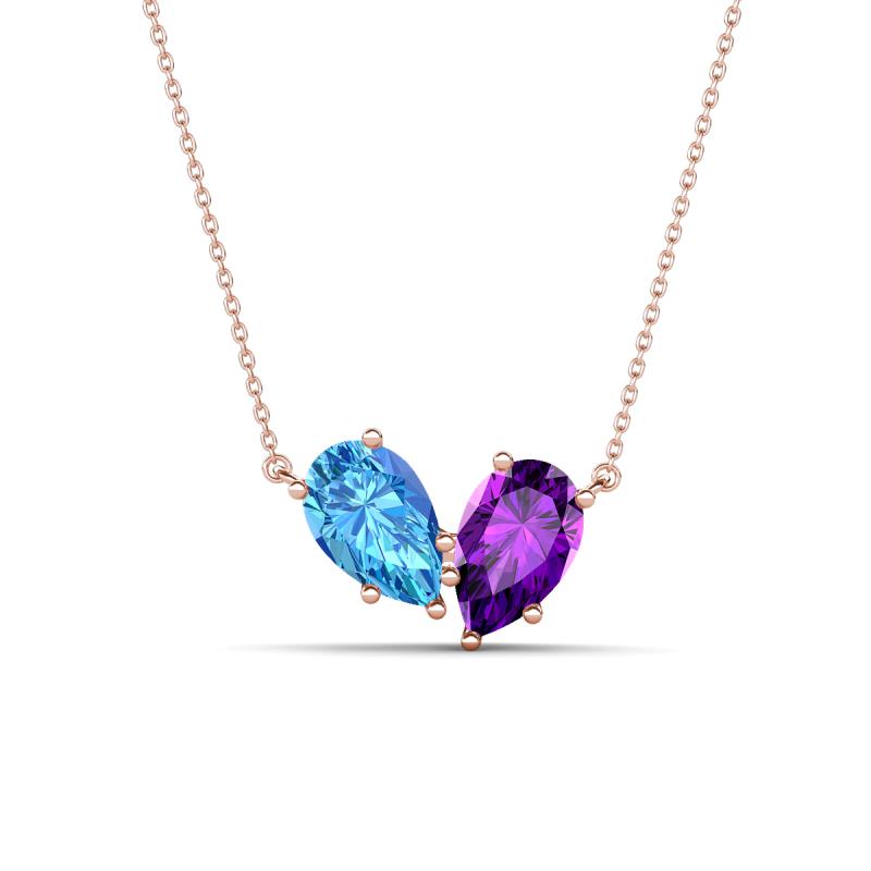 Zemi 1.50 ctw Pear Shape Blue Topaz and Amethyst (7x5 mm) Toi Et Moi Pendant Necklace 