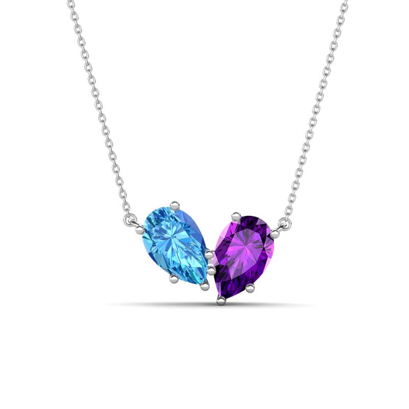 Zemi 1.50 ctw Pear Shape Blue Topaz and Amethyst (7x5 mm) Toi Et Moi Pendant Necklace 