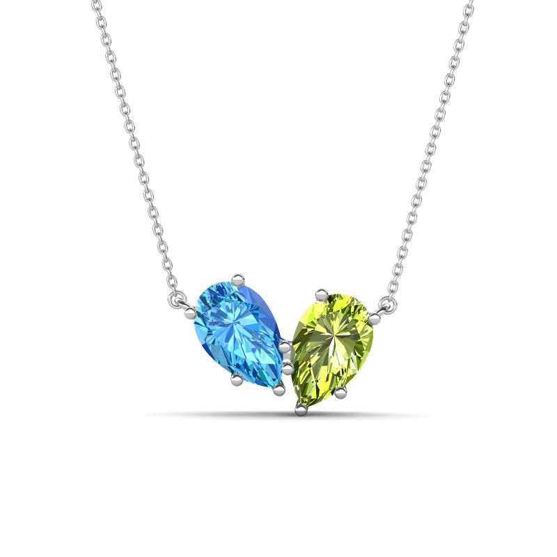 Zemi 1.65 ctw Pear Shape Blue Topaz and Peridot (7x5 mm) Toi Et Moi Pendant Necklace 