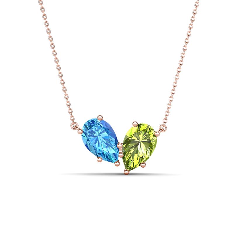Zemi 1.65 ctw Pear Shape Blue Topaz and Peridot (7x5 mm) Toi Et Moi Pendant Necklace 