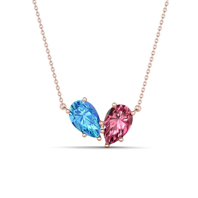 Zemi 1.55 ctw Pear Shape Blue Topaz and Pink Tourmaline (7x5 mm) Toi Et Moi Pendant Necklace 