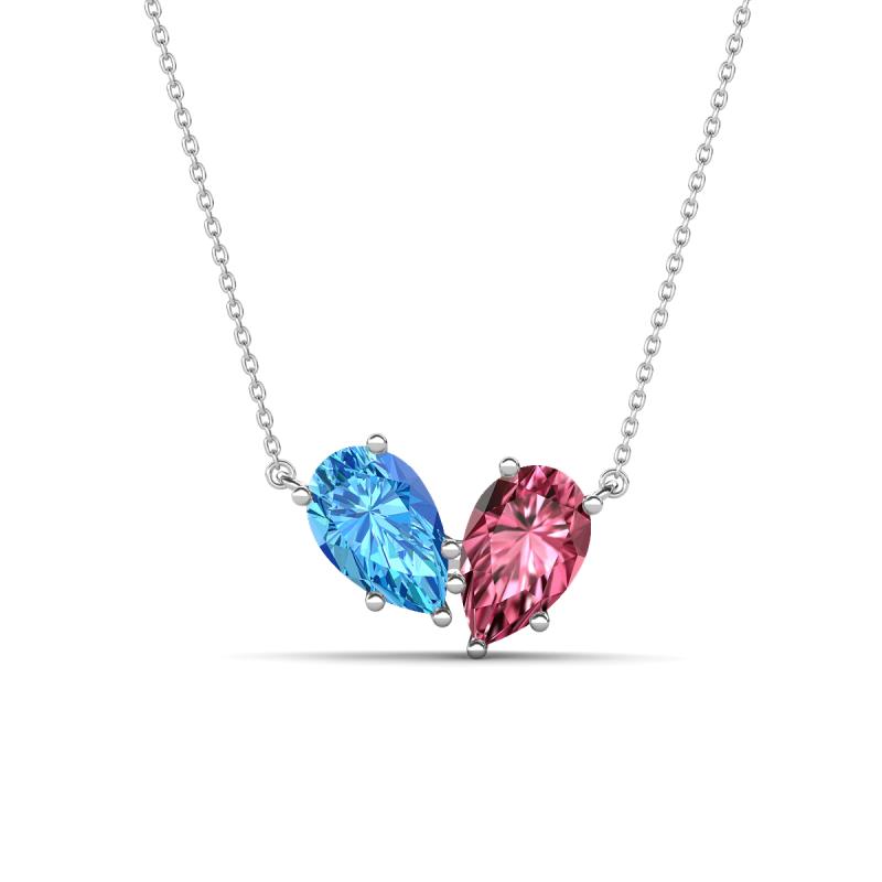 Zemi 1.55 ctw Pear Shape Blue Topaz and Pink Tourmaline (7x5 mm) Toi Et Moi Pendant Necklace 