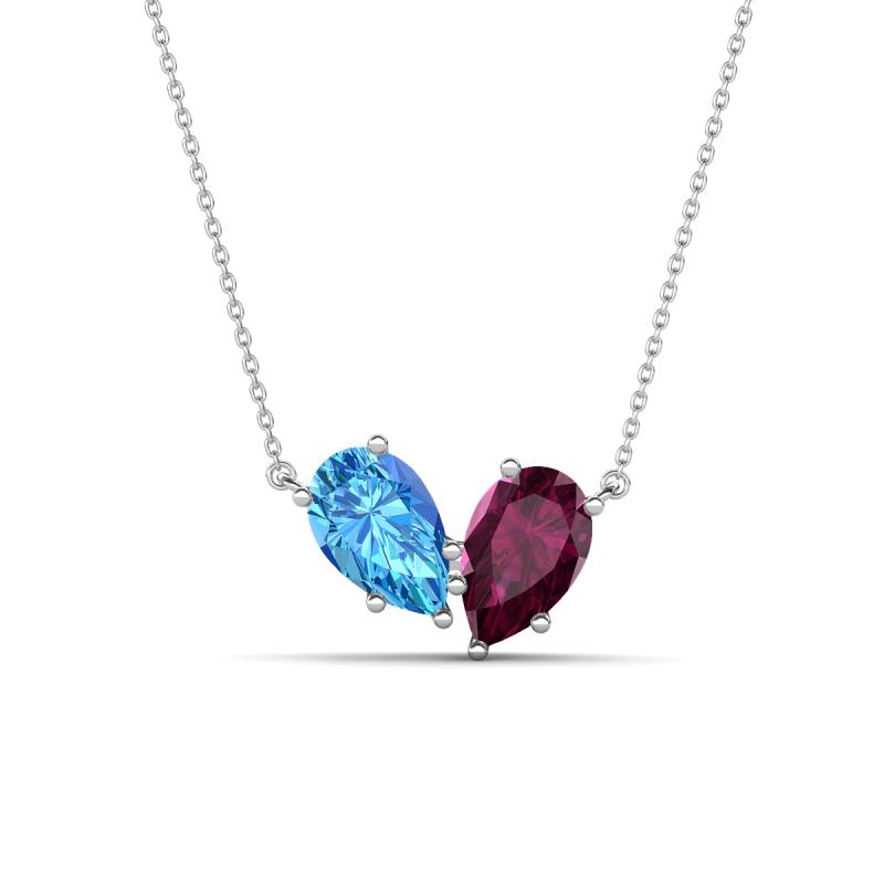 Zemi 1.75 ctw Pear Shape Blue Topaz and Rhodolite Garnet (7x5 mm) Toi Et Moi Pendant Necklace 