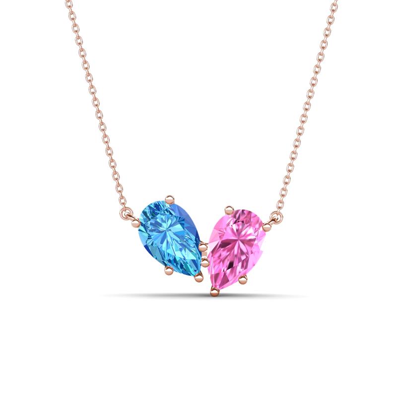 Zemi 1.75 ctw Pear Shape Blue Topaz and Lab Grown Pink Sapphire (7x5 mm) Toi Et Moi Pendant Necklace 