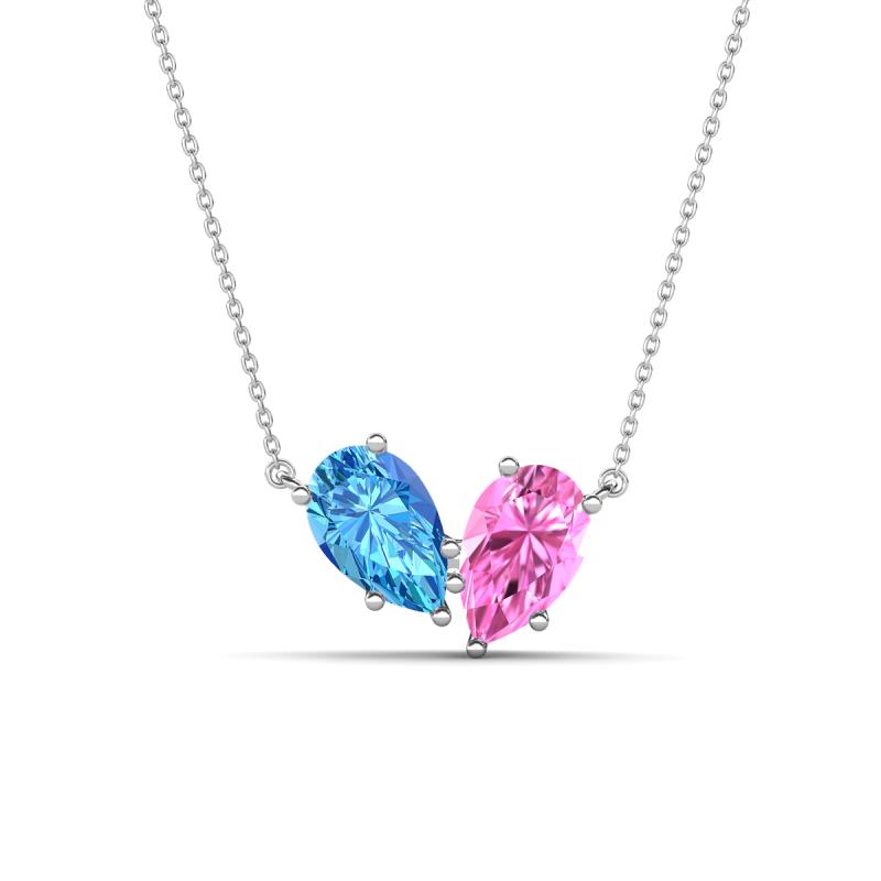 Zemi 1.75 ctw Pear Shape Blue Topaz and Lab Grown Pink Sapphire (7x5 mm) Toi Et Moi Pendant Necklace 