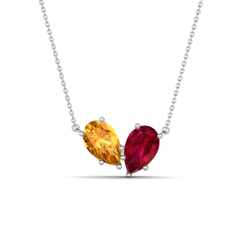 Zemi 1.60 ctw Pear Shape Citrine and Lab Grown Ruby (7x5 mm) Toi Et Moi Pendant Necklace 