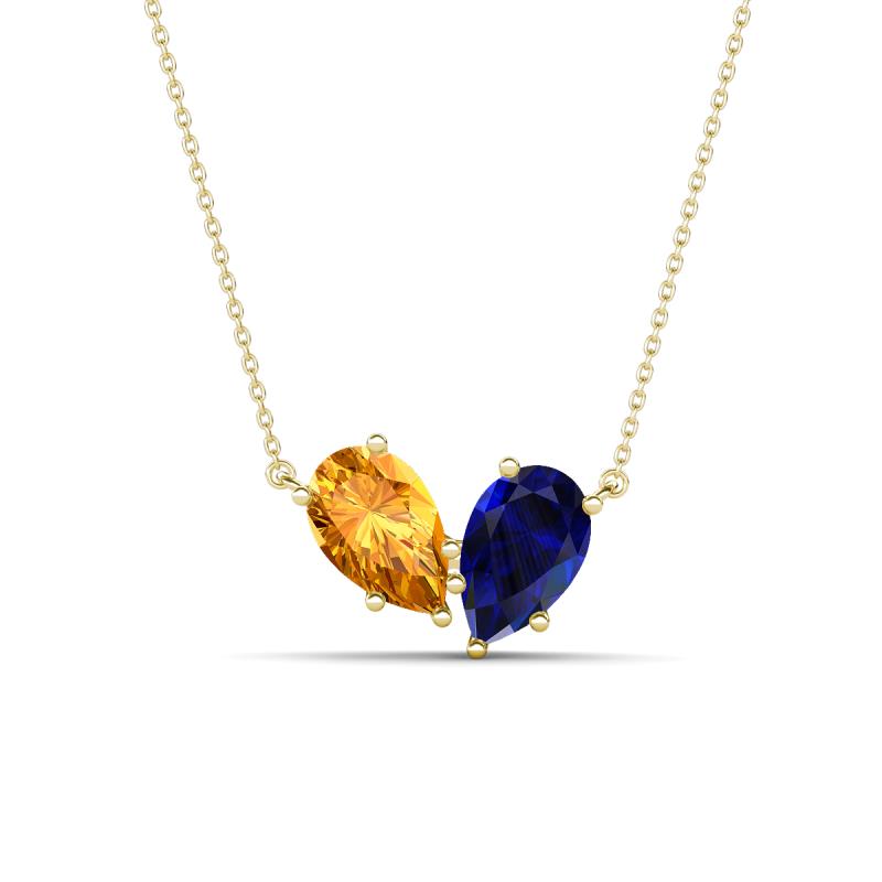 Zemi 1.55 ctw Pear Shape Citrine and Lab Grown Blue Sapphire (7x5 mm) Toi Et Moi Pendant Necklace 