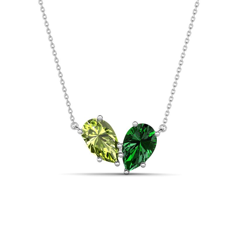 Zemi 1.60 ctw Pear Shape Peridot and Lab Grown Emerald (7x5 mm) Toi Et Moi Pendant Necklace 
