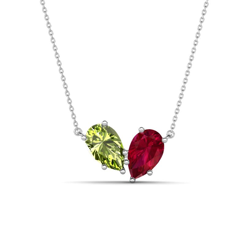 Zemi 1.75 ctw Pear Shape Peridot and Lab Grown Ruby (7x5 mm) Toi Et Moi Pendant Necklace 
