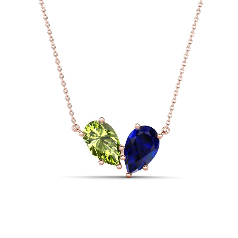 Zemi 1.70 ctw Pear Shape Peridot and Lab Grown Blue Sapphire (7x5 mm) Toi Et Moi Pendant Necklace 